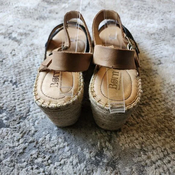 Born Wedge Sandals Women's 9 Blue Fabric Tan Leather Comfort Espadrille Platform - Picture 5 of 9